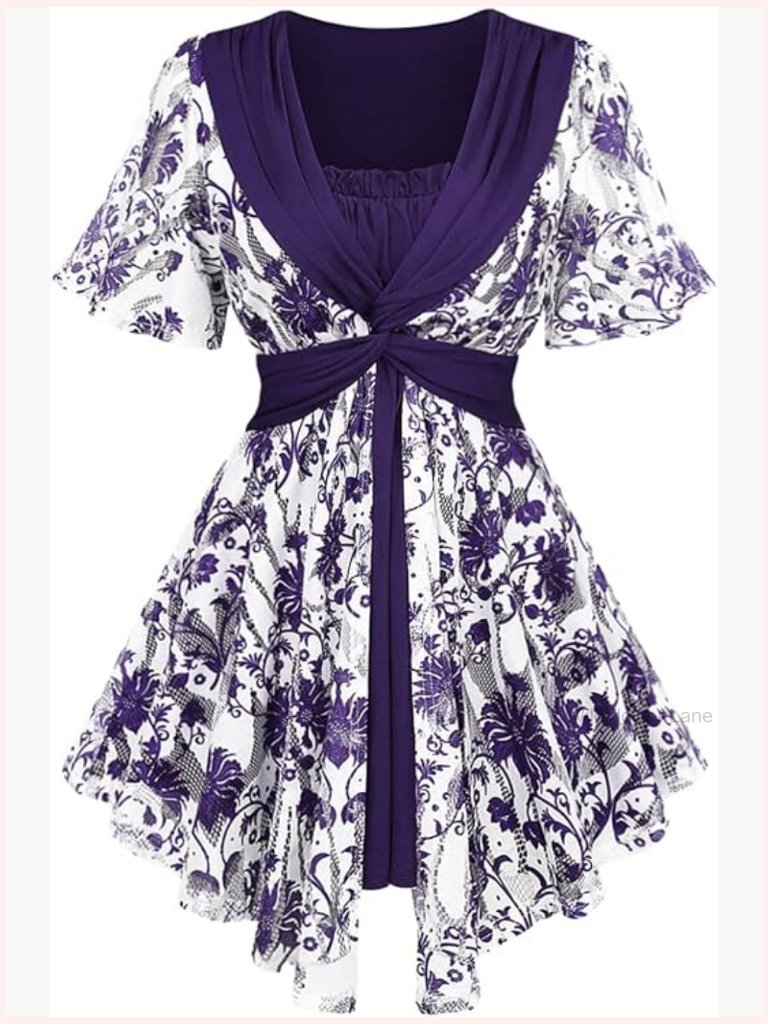 Plus Size Crochet Floral Twist Ruched Blouse Flutter Sleeve Top